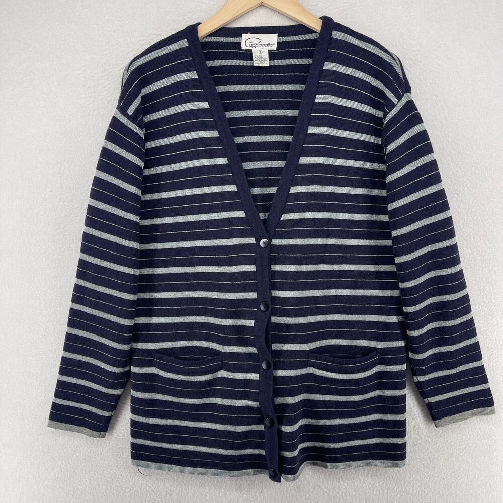 PAPPAGALLO Sweater Womens S Wool Blend Striped Cardigan Grandma Blue HK VTG